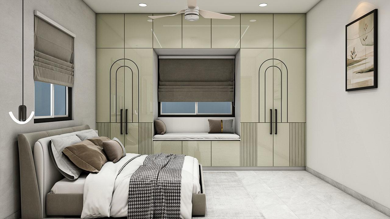 Warm neutral bedroom with built-in wardrobe and window seat