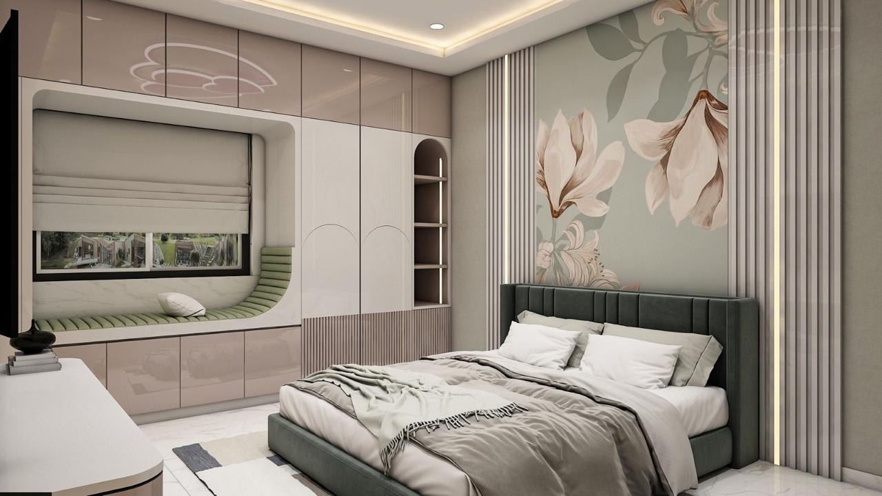 Warm modern bedroom with curved wardrobes