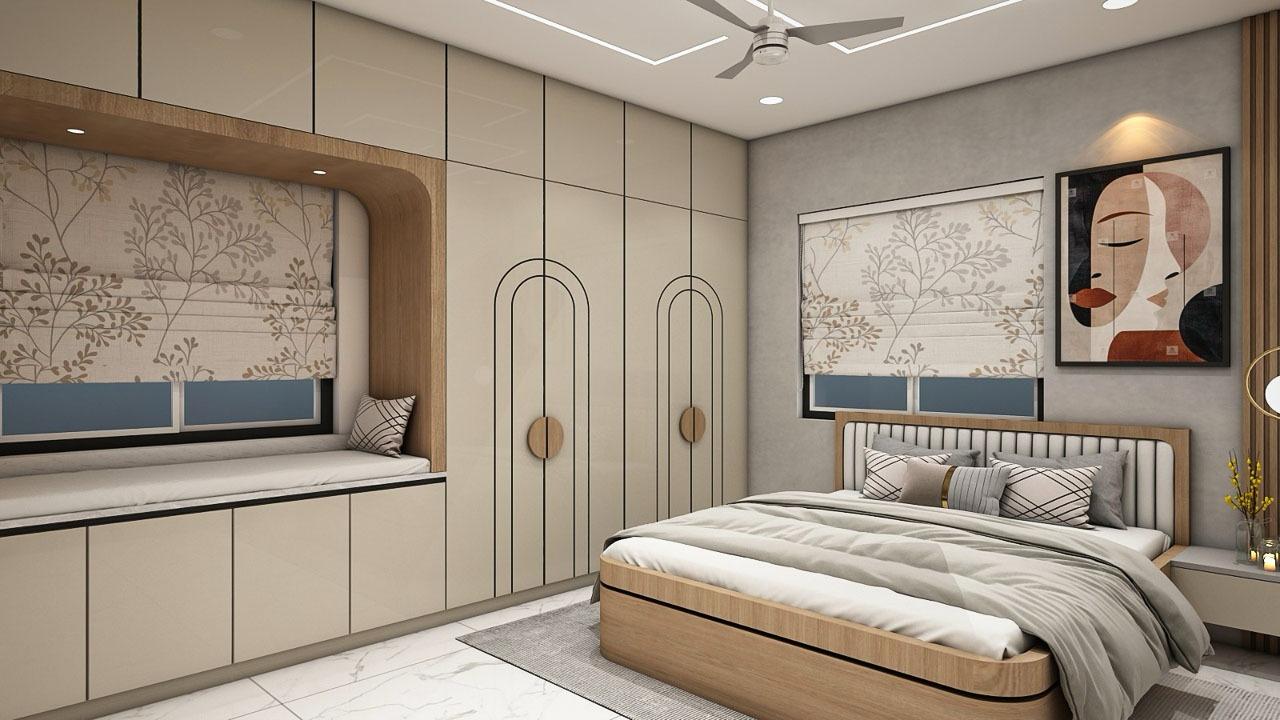 Custom wardrobe and window seat in a bedroom