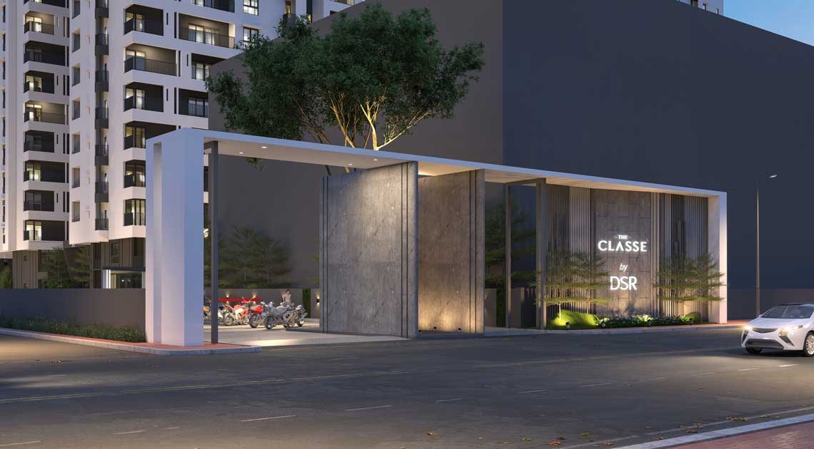 Entrance and apartment tower at The Classe by DSR in Hyderabad
