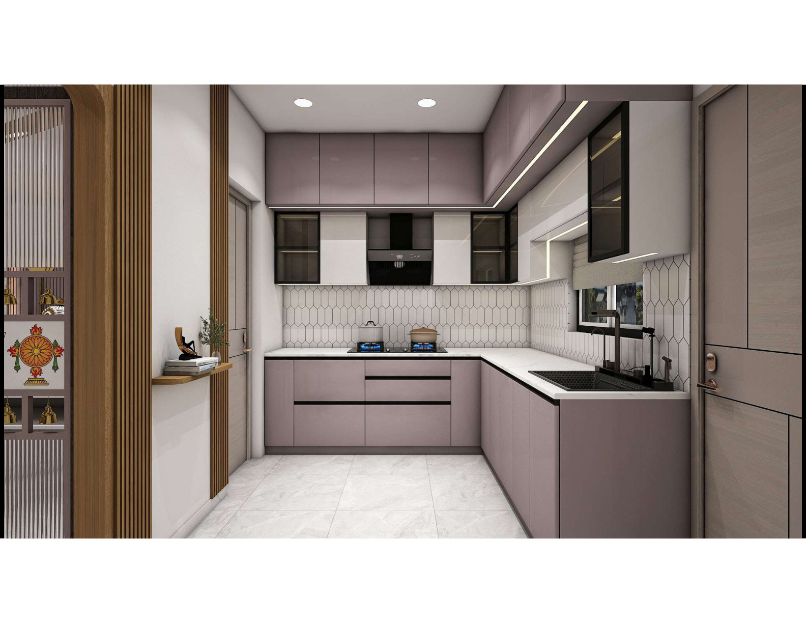 Pink modular kitchen with premium cabinets