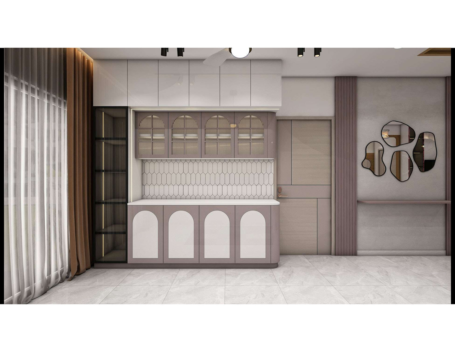 Kitchen with crockery unit and layered lighting