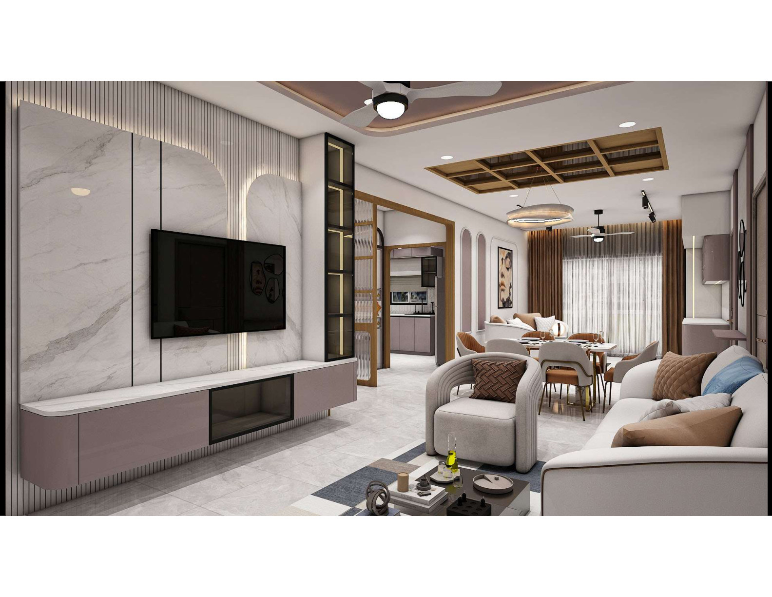 Spacious living and dining room with marble finish