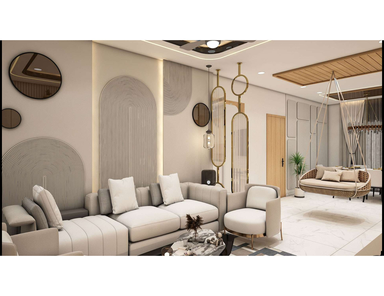 Beige modular kitchen with layered lighting