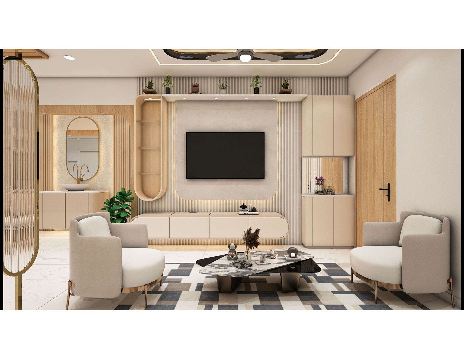 Contemporary living room with elegant TV wall