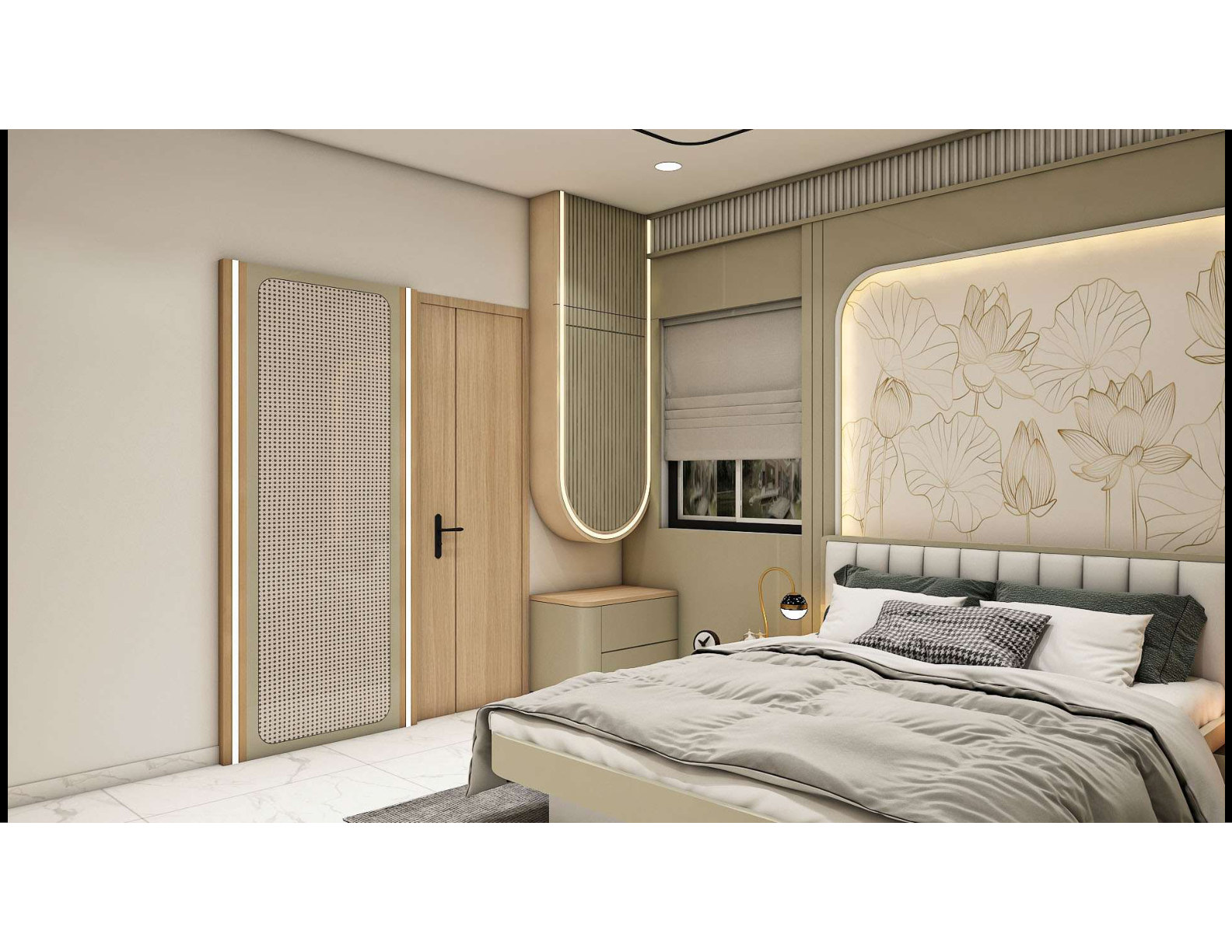 Master bedroom with lotus feature wall