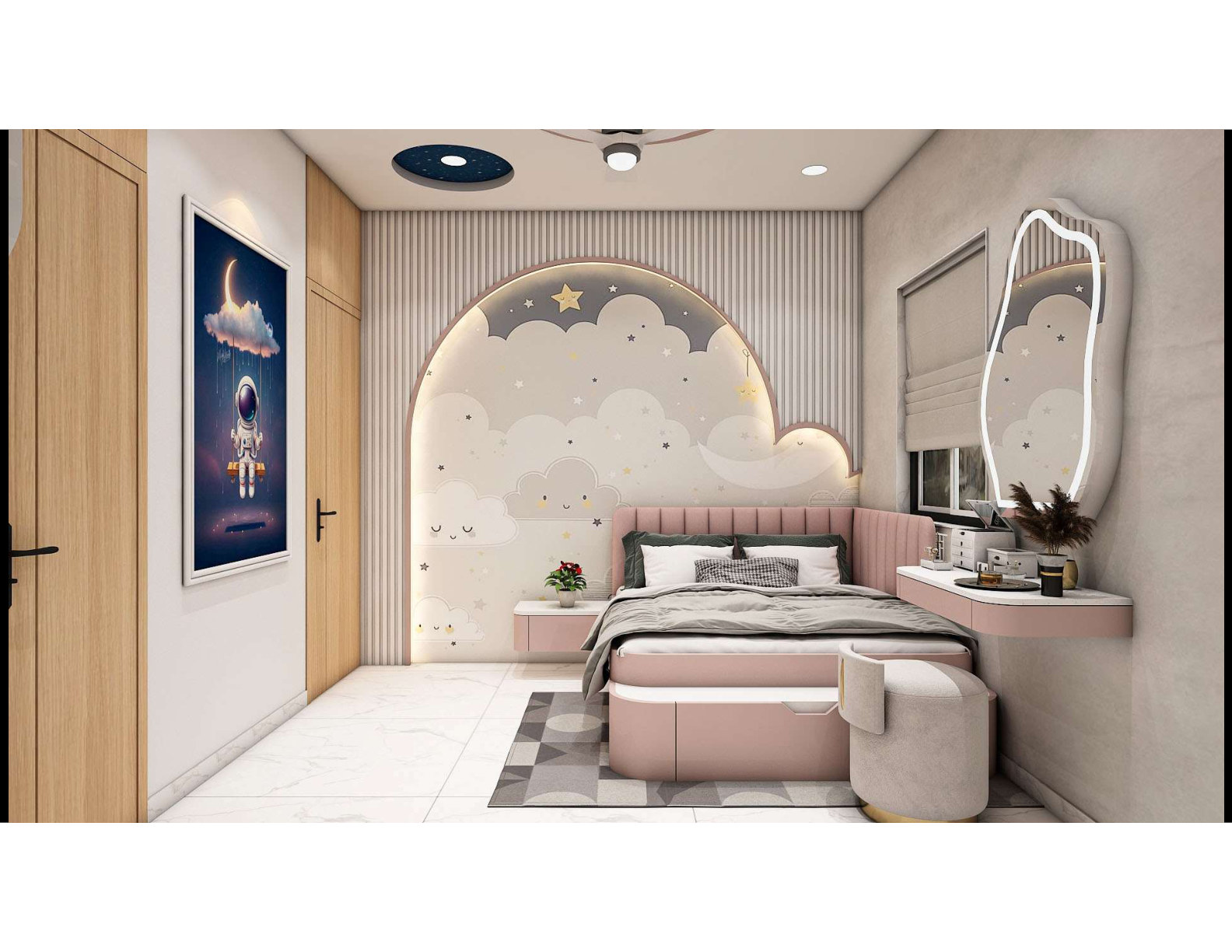 Pink children's bedroom with playful design